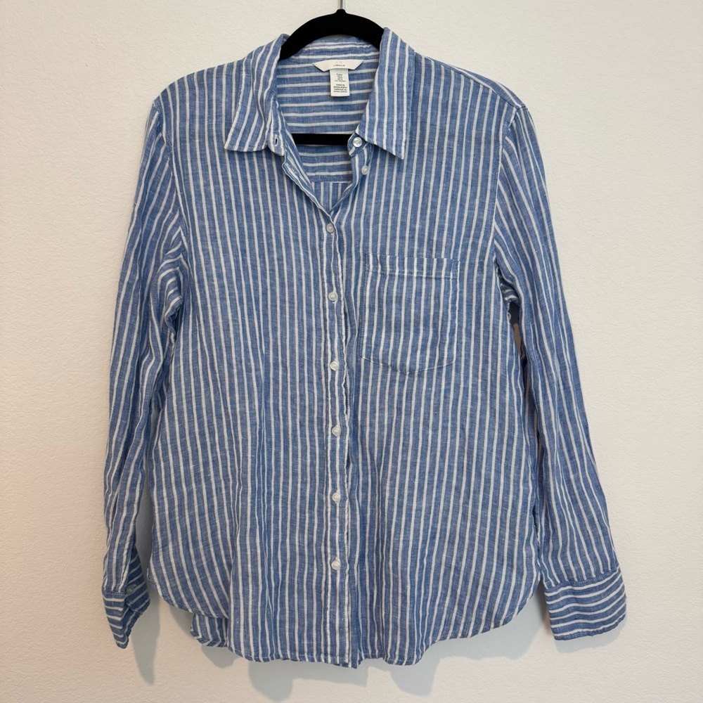 H & M Linen Blue and White Striped Long Sleeve Button Down
